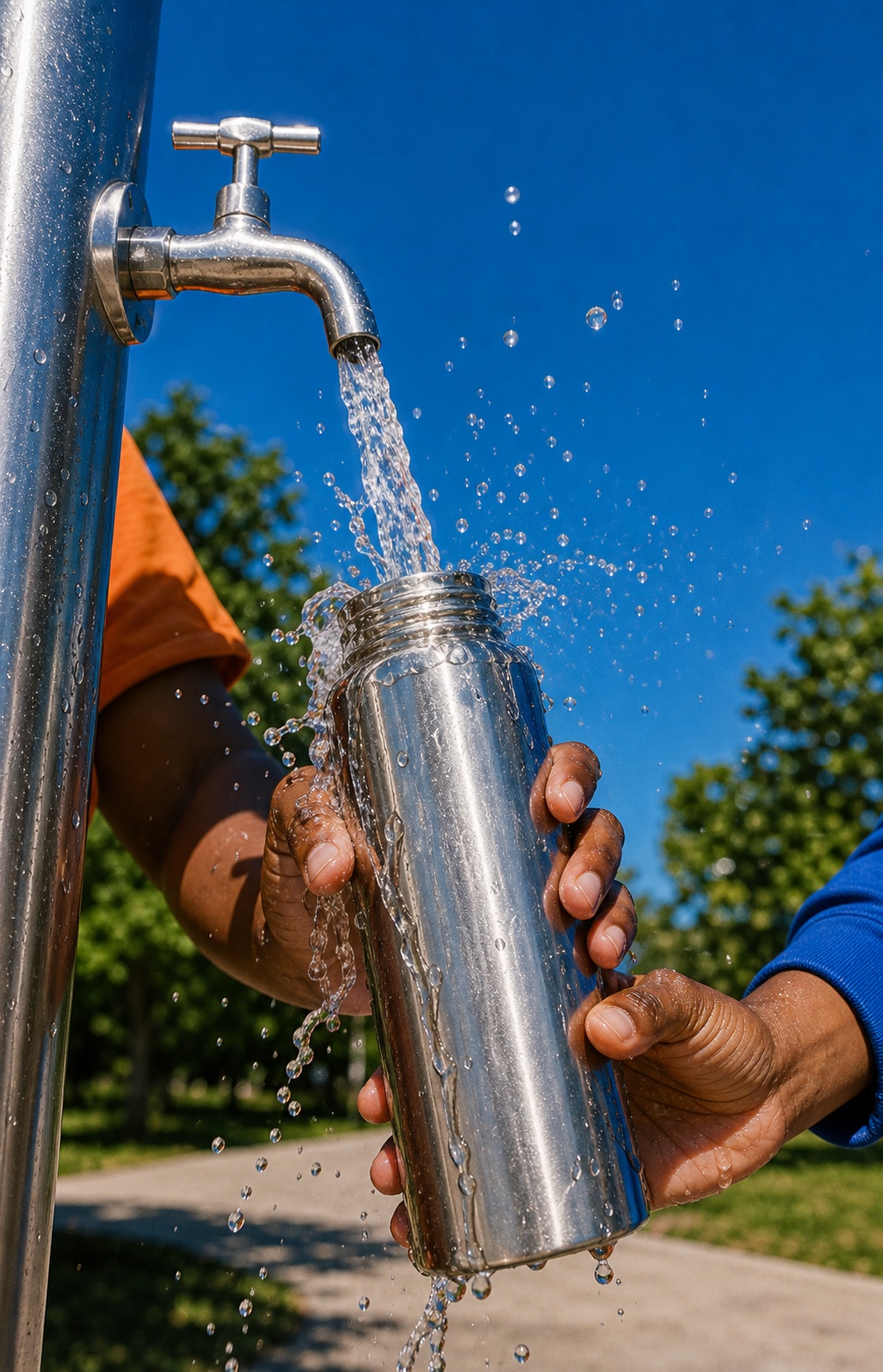 Two people fill a reusable metal bottle from an outdoor water tap.