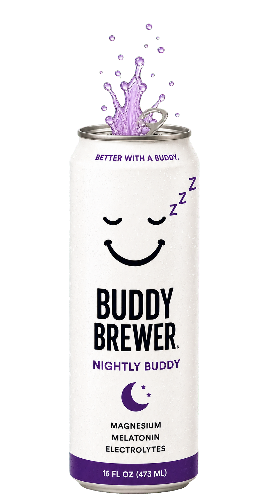An opened Nightly Buddy can with a purple drink splash
