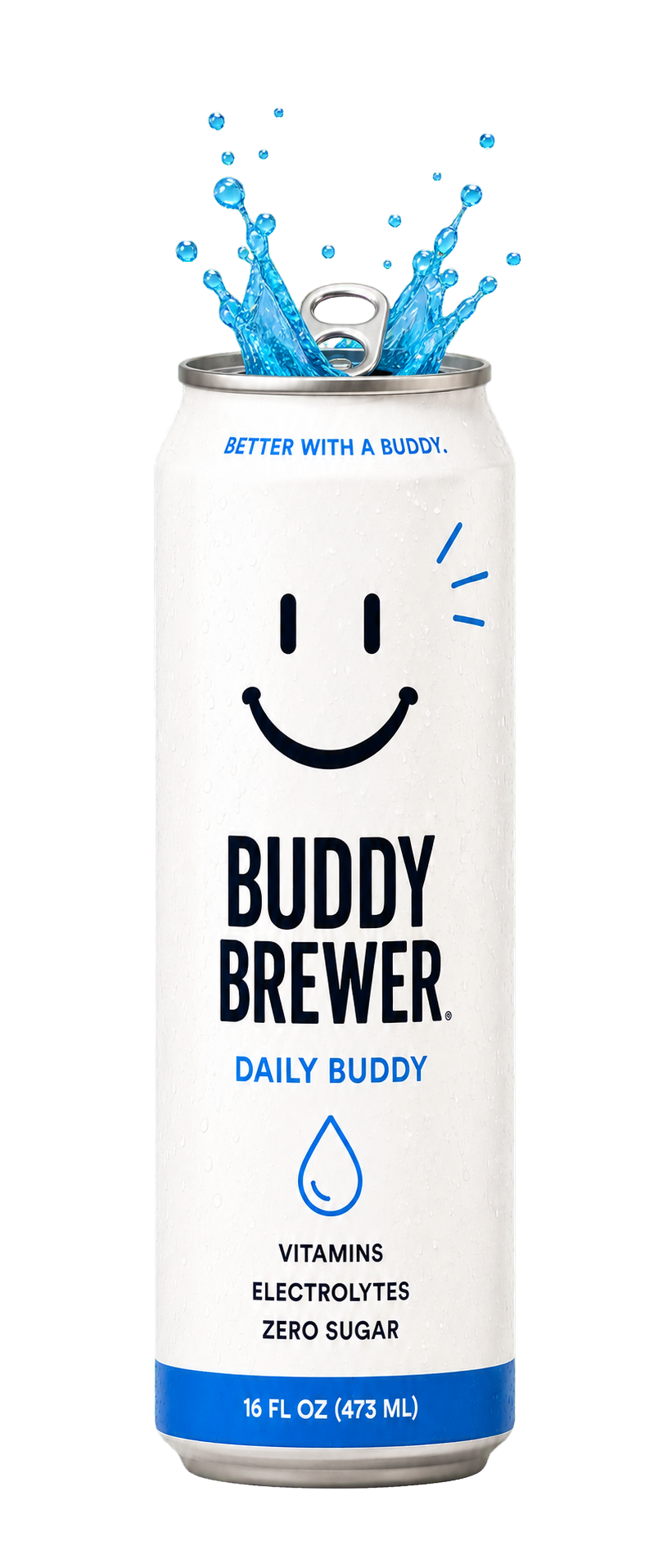 An opened Daily Buddy can with a blue drink splash