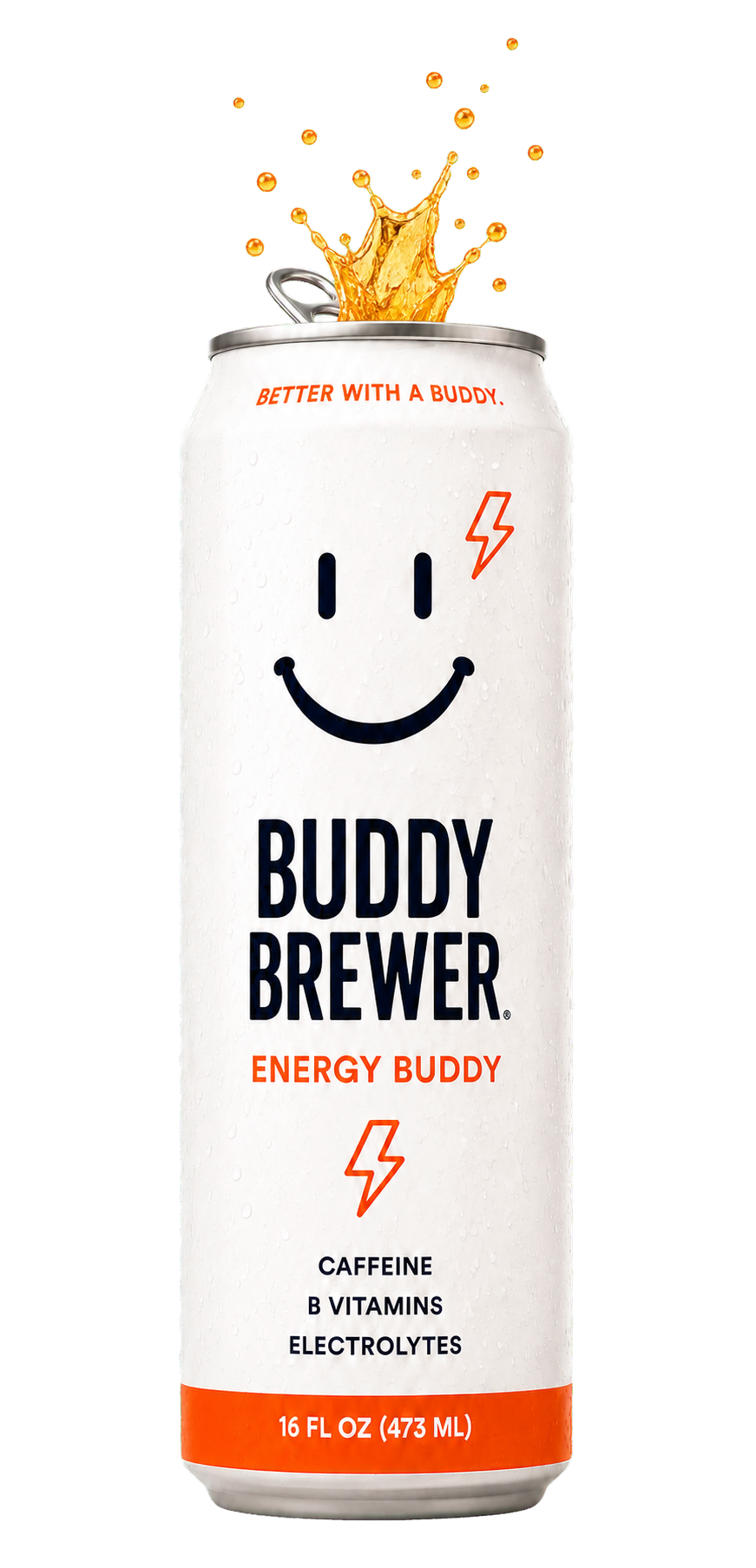 An opened Energy Buddy can with an orange drink splash