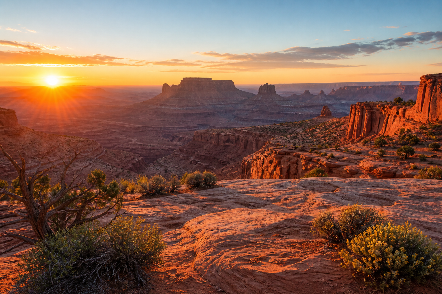 Utah red-rock canyon overlook glowing at sunrise