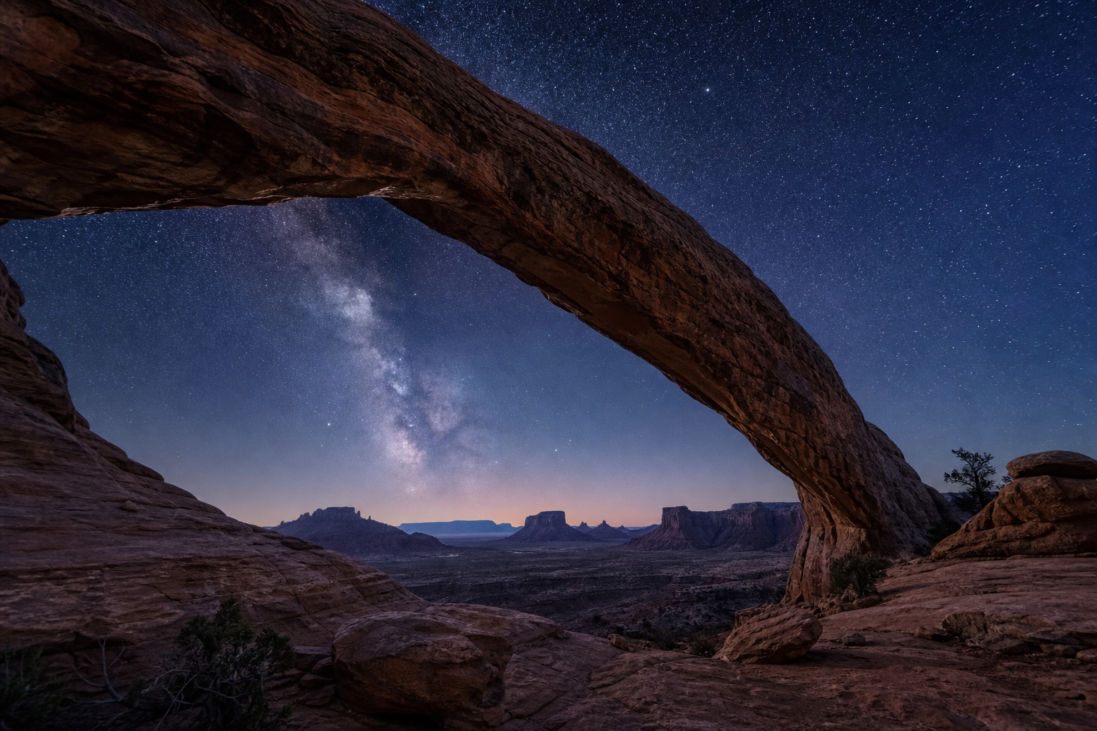 Utah sandstone overlook beneath a deep blue evening sky