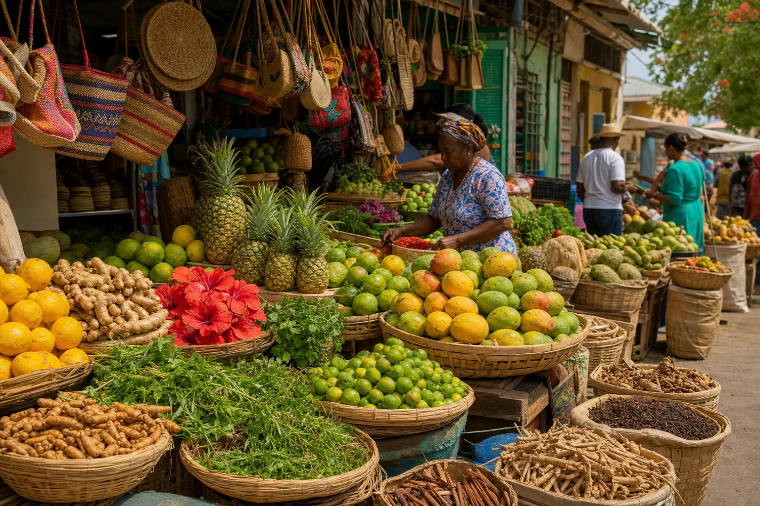 A vibrant tropical fruit market lined with citrus and produce