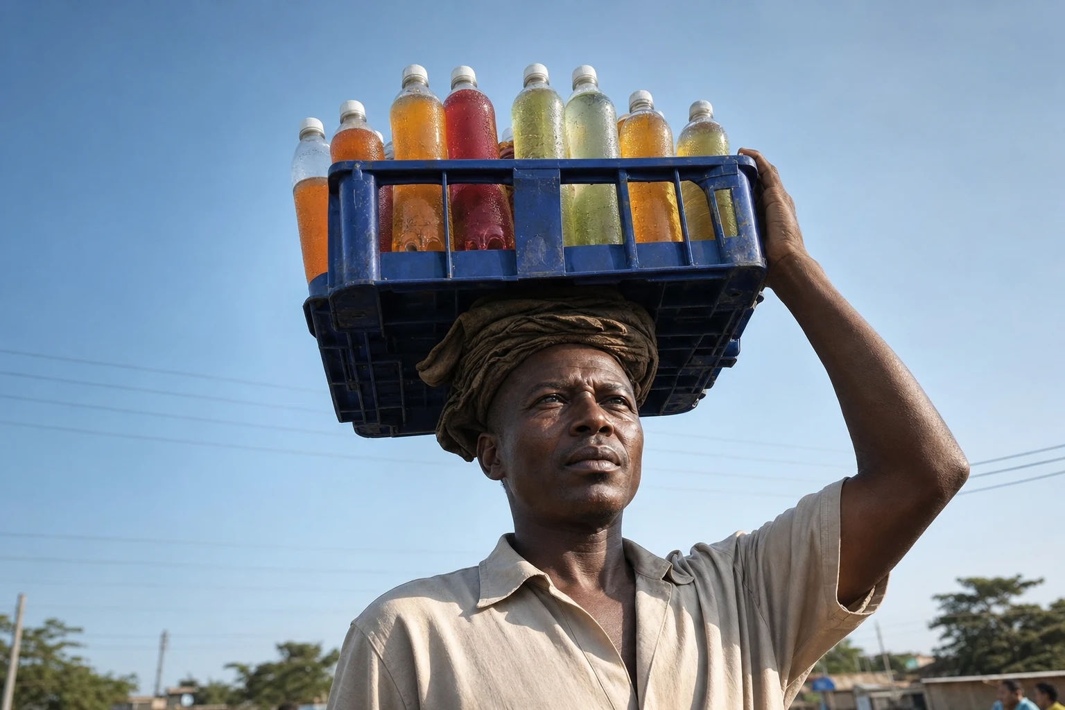 A street beverage vendor carrying a colorful crate of cold drinks