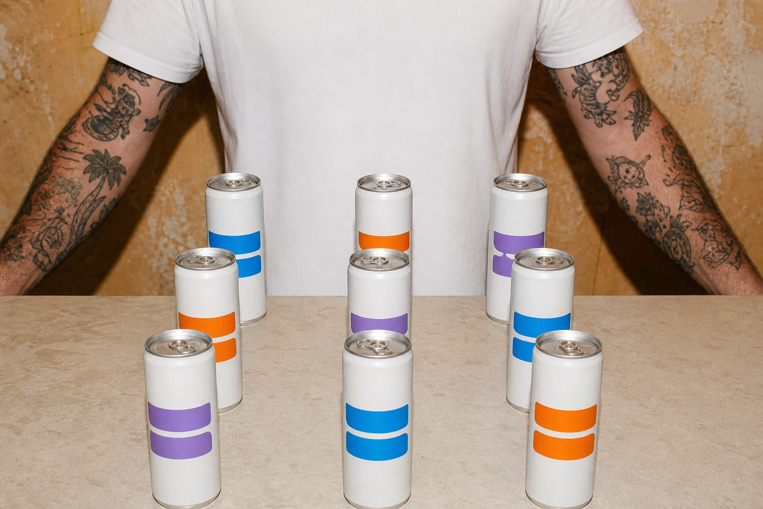 Nine colorful prototype cans arranged separately for a tasting session