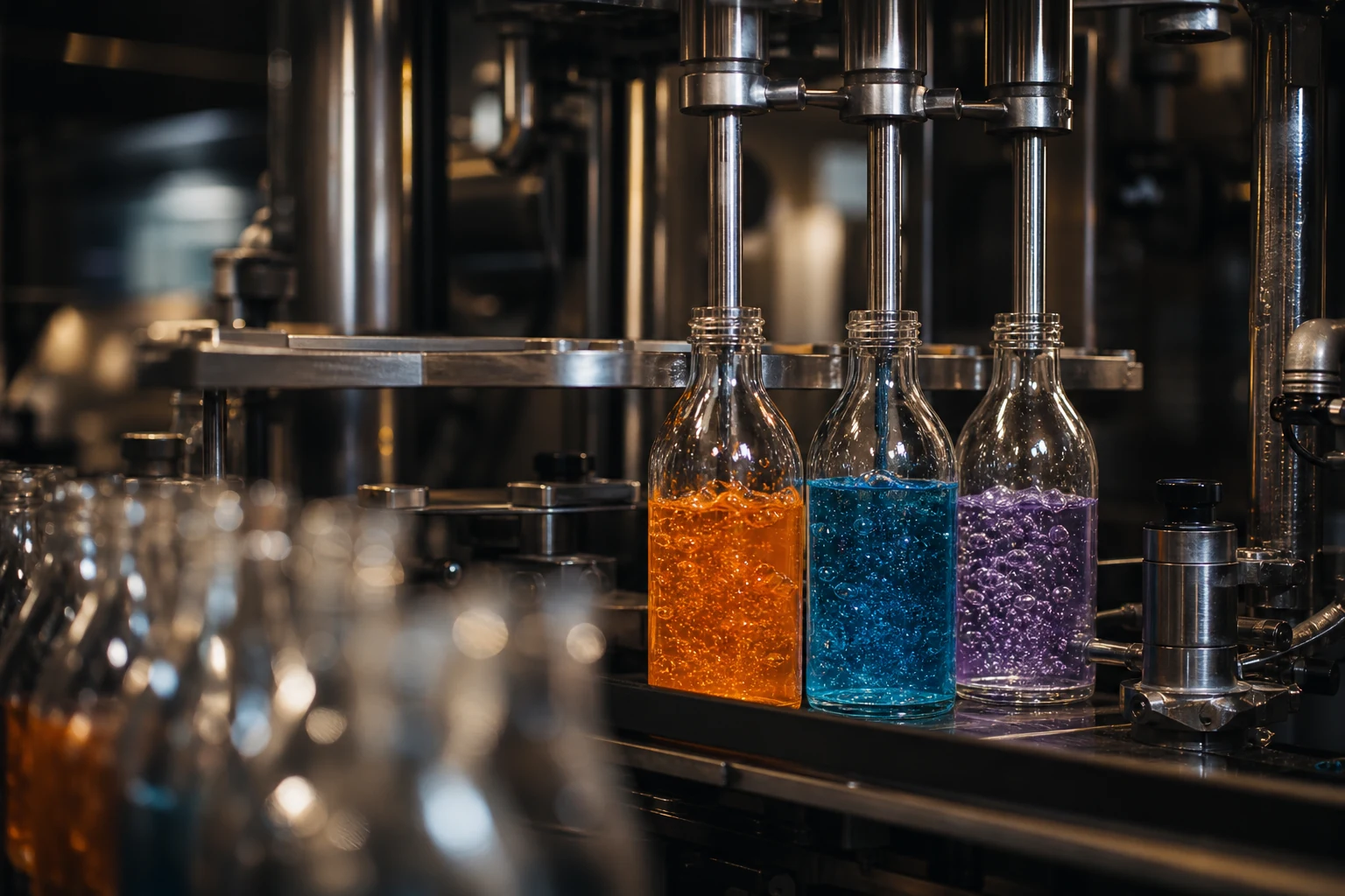 Colorful test drinks moving through a stainless steel filling line