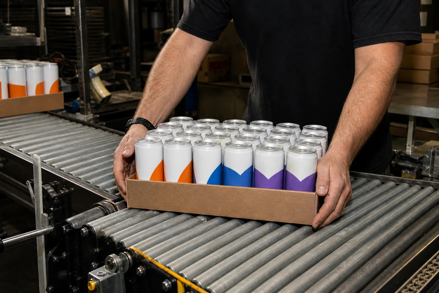 A worker packing colorful prototype cans on a roller line